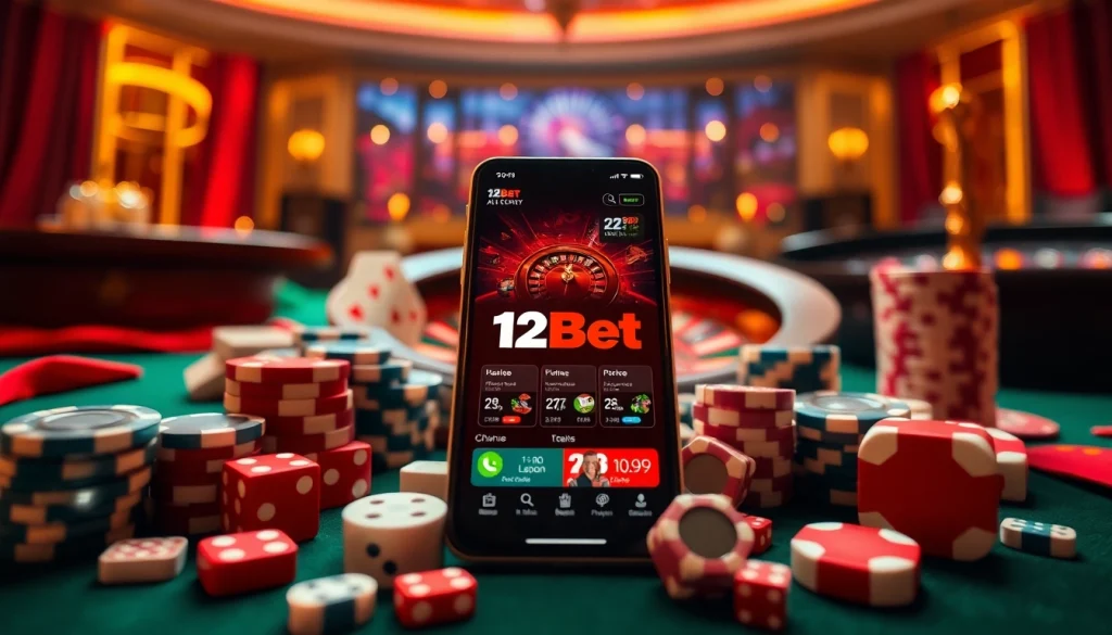 Link 12bet mobile app displayed on smartphone surrounded by vibrant casino elements.
