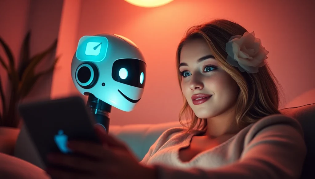 Engaging interaction with a friendly AI chatbot for free ai sex chat in a cozy digital setting.