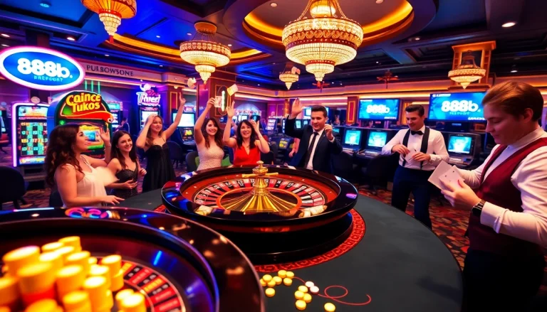 Experience thrilling gaming action at 888b.report with poker chips and a roulette table.