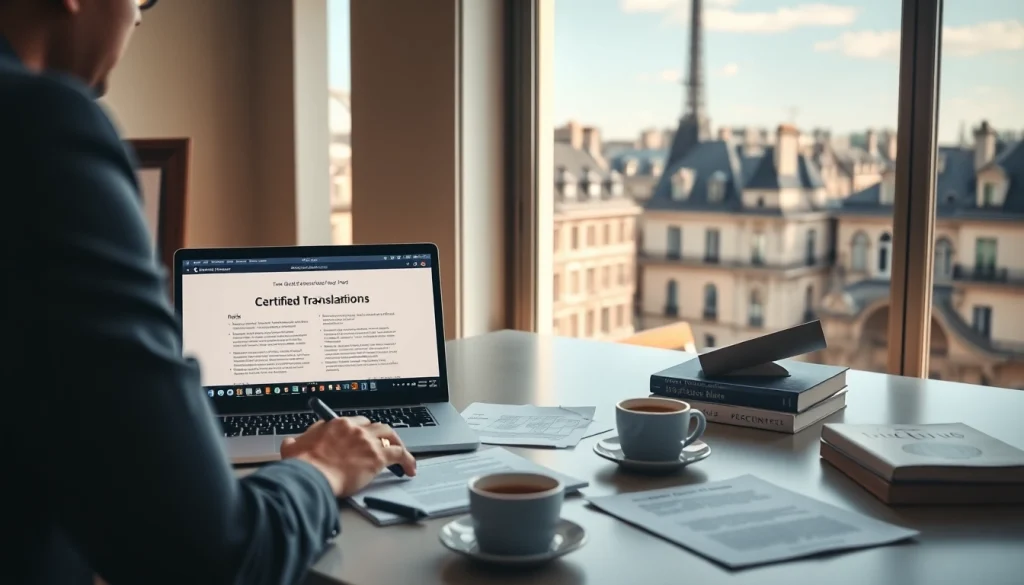 Traducteur assermenté à Paris travaillant dans un cadre de bureau moderne et professionnel.