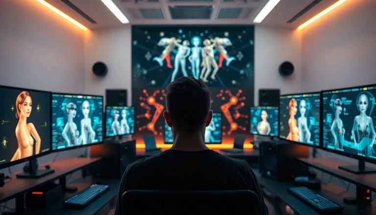 Futuristic adult content creation studio showcasing porn AI technology.