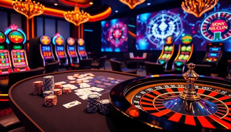 Exciting casino crypto en ligne scene with poker chips, cards, and digital slot machines.