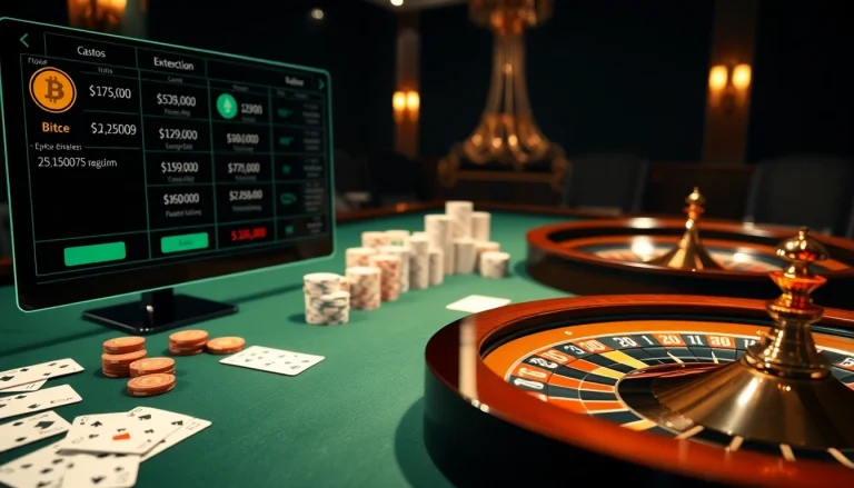 Engaging scene of a casino crypto en ligne, featuring roulette, poker chips, and virtual currency transactions.