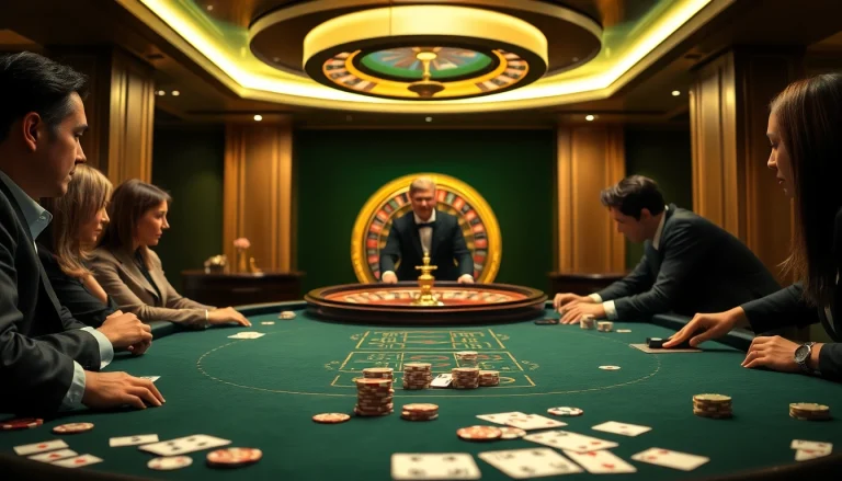 88i players strategizing at a luxurious blackjack table in a vibrant casino.