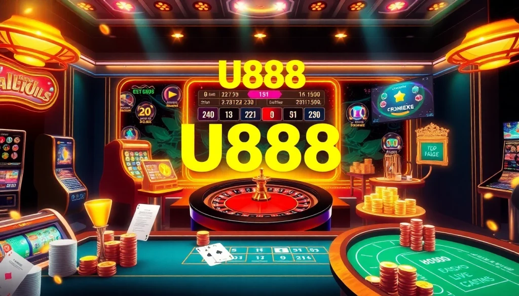 Experience the thrills of U888 with vibrant casino games, betting slips, and luxury gaming visuals.