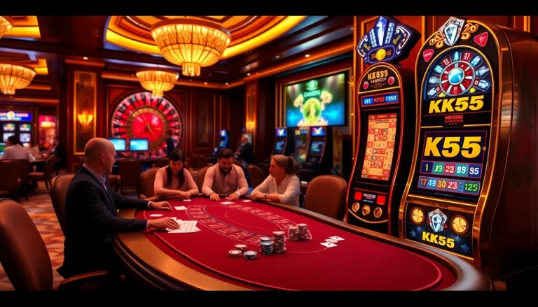 Experience the excitement of KK55-themed gaming with vibrant poker chips and a roulette wheel.