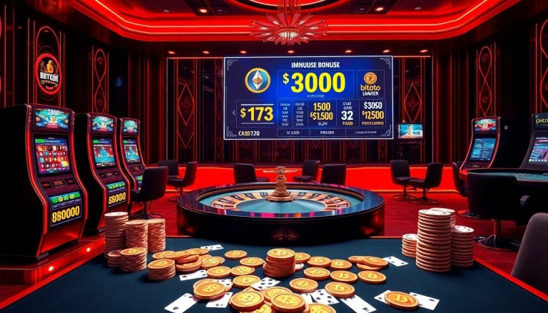 Experience the excitement of casino crypto en ligne with vibrant gaming tables and crypto symbols.