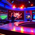 Dynamic sports broadcasting studio showcasing a live host and interactive sports displays.