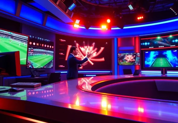 Dynamic sports broadcasting studio showcasing a live host and interactive sports displays.