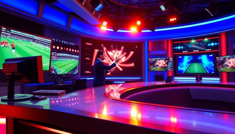 Dynamic sports broadcasting studio showcasing a live host and interactive sports displays.