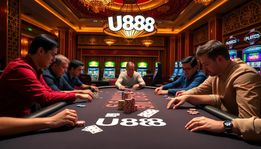 Play poker with excitement and luxury at the U888 casino table, surrounded by chips and cards.